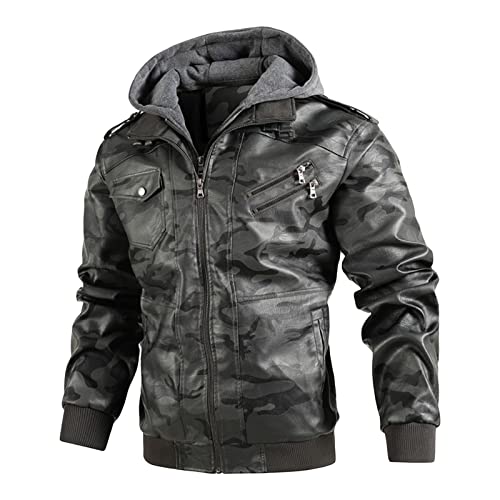 Chaqueta de Cuero Camuflaje para Hombre Chaqueta Moto Camuflaje de Polipiel Abrigo con Capucha Militar PU de Lana, gris, S