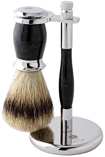 SHASH Sidney Collection Best Badger Shaving Brushes And Stand, Black - Soft, Pliable Bristles, Ergonomic Design - Genuine Badger Hair, Solid Brass Handle