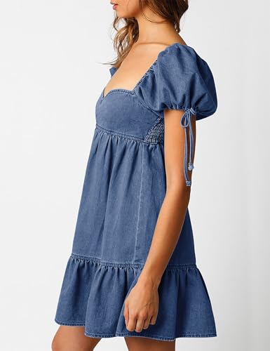 Denim Dress for Women Puff Short Sleeve Jean Dresses Sweetheart Neck Denim Mini Dress3