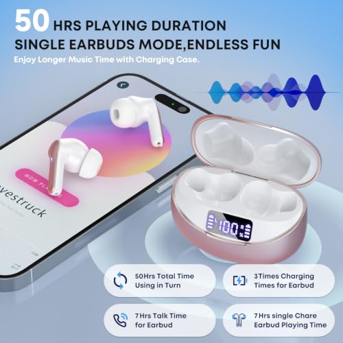 Image of Wireless Earbuds Bluetooth 5.4 HiFi Stereo Headphones with Noise Cancelling Mic, 50H Playback In Ear Buds with LED Digital Display, IPX7 Waterproof Earphones for Office /Running /Workout (Rose Gold)