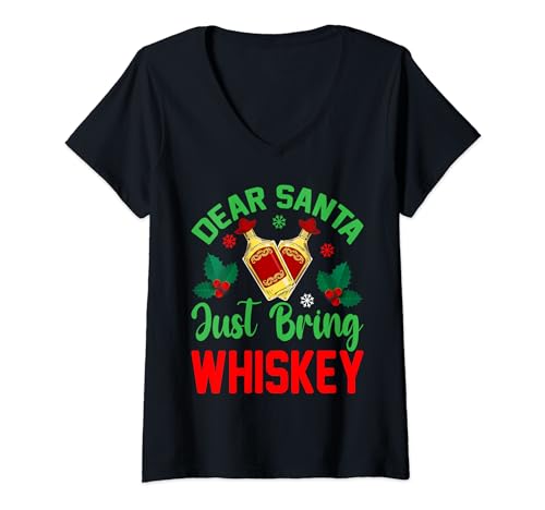 Funny Dear Santa Just Bring Whiskey Christmas Pajamas V-Neck T-Shirt