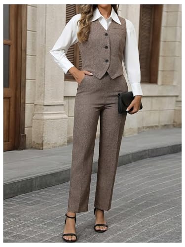 SOLY HUX Women's 2 Piece Outfits V Neck Button Down Sleeveless Blazer Vest and Pants Work Office Set3