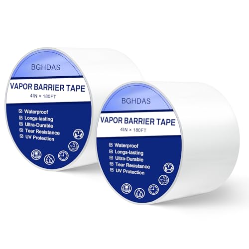 Bghdas 2 Roll, White Vapor Barrier Tape, 4" Wide x 180' Long, PE 9 mm Polyethylene Tape, for Stucco Waterproof Moisture Barriers Seal and Seam, for Crawlspaces, Insulation Repairs &amp; Plastic Liners