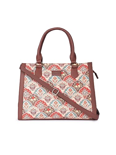 Image of ZOUK Printed Jute Handcrafted Vegan Leather Multicolor Women's Satchel Bag | Ladies Purse Handbag | Double Handle Detachable Strap