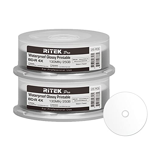 Image of 50 Pack Ritek Pro (Professional Grade) BD-R Blu-ray 4X 25GB Watershield Water Resistant Glossy White Inkjet Hub Printable Blank Recordable Disc