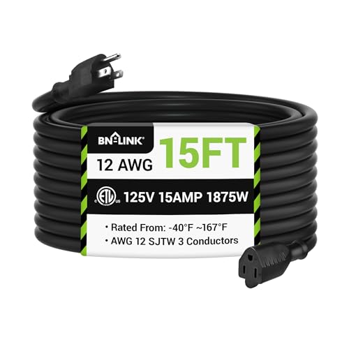 BN-LINK 15ft Outdoor Extension Cord 15amps 12/3 SJTW Heavy Duty Power Cord 3-Prong Grounded Plug Weather Resistant 1875W Black for Lawn Garden Appliances ETL Listed