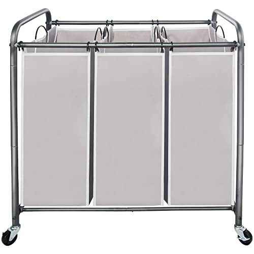STO STO Laundry Sorter 3 Section, 3 Bag Clothes Hamper, Rolling Laundry Cart Basket with Heavy Duty Lockable Wheels and Removable Bag for Laundry Room, Bedroom, Closet, Gray