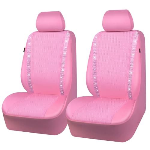 CAR PASS Bling Diamond Car Seat Covers Shining Rhinestone Waterproof Faux Leather Pink Car Accessories Two Front Only Universal Fit Auto Glitter Crystal Sparkle Strips for Cute Women Girl Pink