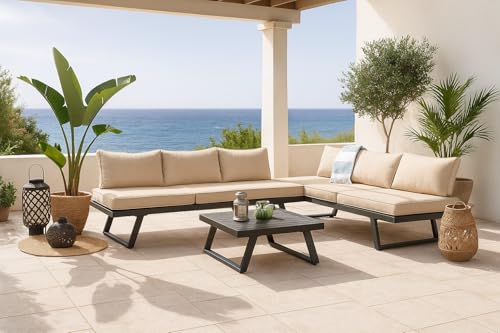 MOMMA HOME Conjunto Muebles de Jardín de Exterior, Rinconera Convertible Multifunción Aluminio, Muebles para terraza/Exterior, Set de Aluminio, Cojines Tejido | Valencia (Gris)