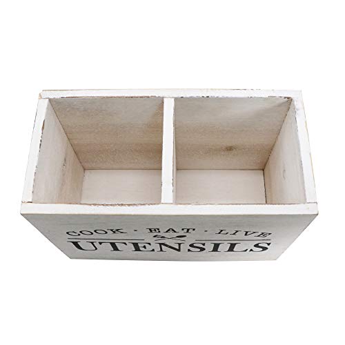 Karisky Solid Wood Kitchen Utensil Holder with 2 Compartments, Large Rustic Farmhouse Utensil Set for Countertop 9.45 x 6.69 x 4.72 Inch, White