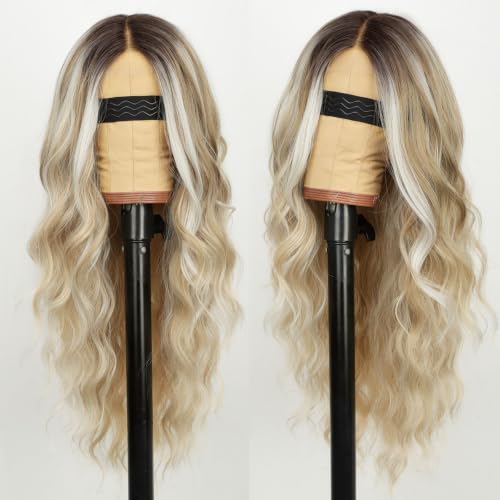 Image of AISI HAIR Ash Blonde with Platinum Highlights Wavy Wig with Soft Pink Ends for Women, Long Wavy Lace Hairline Middle Part Synthetic Heat Resistant Wig for Daily Party-26 Inch