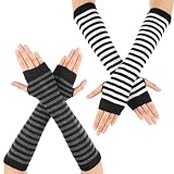 XLIUAX 2 Pair Striped Arm Warmers, Punk Gothic Striped Knitted Arm Warmers Fingerless Gloves, Harajuku Kawaii Warm Stretchy Knit Thumbhole Gloves for Women Men Office Typing Computer