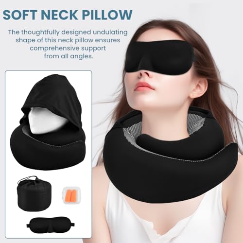 Image of Travel Pillow - Hooded Neck Pillow for Travel, Airplane Neck Pillows Stowable Hood, Memory Foam Head Chin Support Pillows for Office /Airplane /Car(Color:Black)