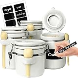 Home Intuition 4-Piece Ceramic Kitchen Canisters Set, Airtight Containers with Wooden Spoons Reusabl