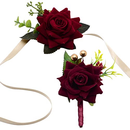 CRASPIRE Wedding Corsage and Boutonniere Set Wine Red 2pcs Wrist