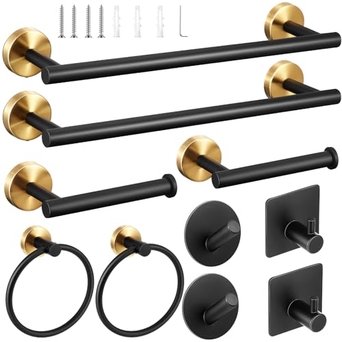 10 Pcs Matte Bathroom Hardware Set SUS304 Bathroom Hanger Set 16 Inch Hand Towel Bar Towel Holder Toilet Paper Holder Angled Hook 2 Robe Towel Hooks Wall Mounted Accessory(Black, Gold)
