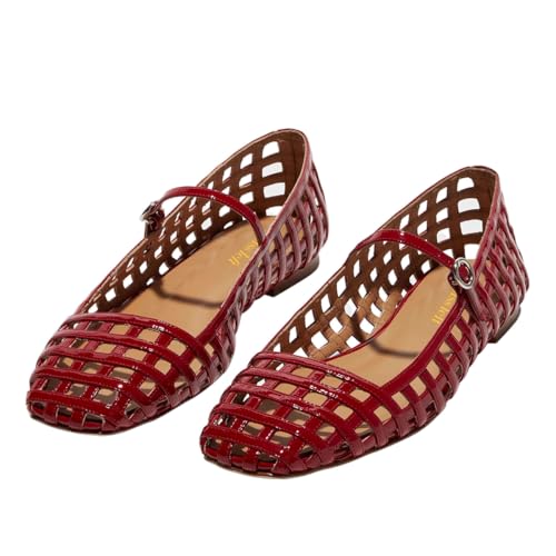 miss left Women's Adorable Closed Square Toe Mary Jane Flats Adjustable Strap Buckle Ballet Flat Comfort Dance Ballroom Shoes Size 6 Red Cutout by miss left - Used condition - Image 5