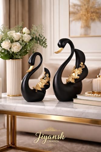 Image of JIYANSH Creation Duck Swan Pair Figurine - Feather Design Black Sculpture for Home Decor Living Room Table - Antique Showpiece Pack of 1 (Black Swan)