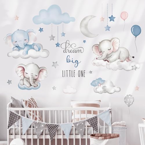 Image of Dream Big Little One Elephant Wall Stickers,Dreamy Moon Stars Balloons Cloud Decor for Kids Room, Nursery & Play,Living Room,Bedroom