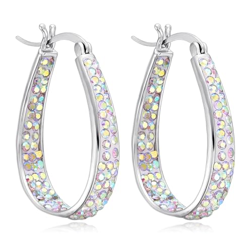 Crystal Hoop Earrings for Women, Rhodium Plated Inside Out Oval Hoop Earrings, Hypoallergenic Nickel Free, Lightweight Sparkling Jewelry Gift – White AB