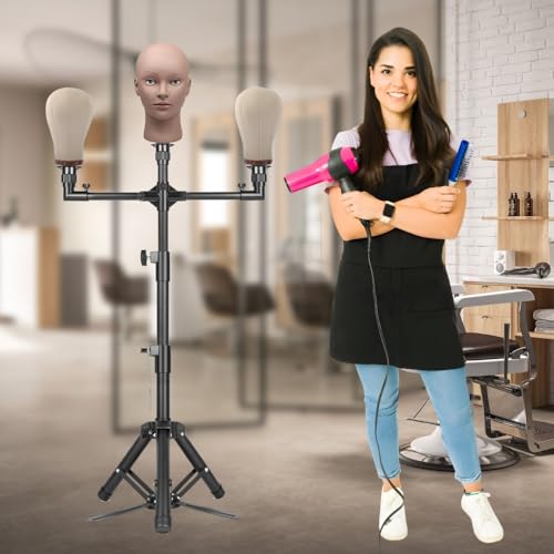 ZQIAN BEAUTY 52 Inch Metal Wig Stand, Multi-Fonction Wig Head Stand, 3 Top Parts Mannequin Head Stand, Wig Stand Tripod for Multiple Training Head (Mannequin Head Not Included)