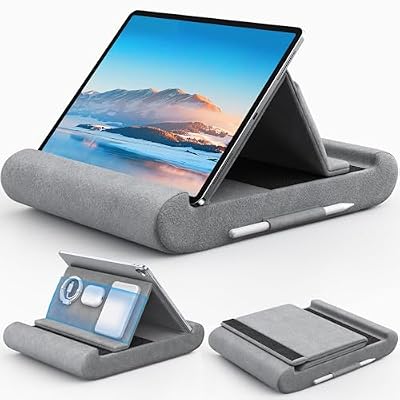 CreaDream Tablet Pillow Stand, Foldable Tablet Holder for Lap, Bed and Desk, Soft Pillow Pad with Pocket and Stylus Mount, for 4-13" Tablets, Like iPad Pro 11, 13, Air, Mini, Kindle, Galaxy Tab, Grey