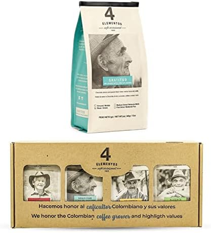 4 Elementos Gift box - 4 varieties of Colombian Artisan Coffee 4.4 oz each pack + 1 bag of Gratitud Coffee 12 oz - Whole Bean - Medium Roast - 100% Arabica Excelso Coffee for Espresso & French Press
