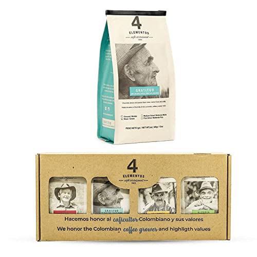 4 Elementos Gift Box - 4 Varieties Of Colombian Artisan Coffee 4.4 Oz Each Pack + 1 Bag Of Gratitud Coffee 12 Oz - Whole Bean - Medium Roast - 100% Arabica Excelso Coffee For Espresso & French Press #TOP2