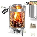 YRHome 1er Edelstahl Poolheizung Feuertonne Mit Heizspirale,Ø32/ Ø38mm 2 in 1 Anschluss,Brennholz Heizung,Mit Feuerschutzmatte & Restasche Auffangwanne,28 L Inhalt Gartendusche Heizungen,Silber