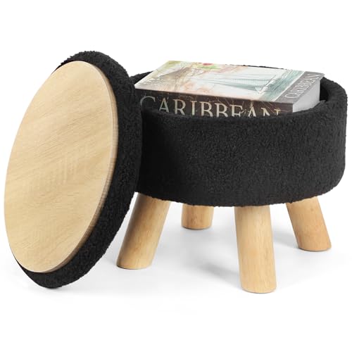 OGEMXU Ottoman Foot Rest, Small Round Ottoman with Storage, Boucle Teddy Velvet Footstool with Wood Legs, Soft Sponge Storage Ottoman for Living Room, Bedroom, Couch, Enterway (Black)