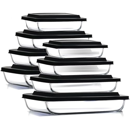 EATEX 16-Piece Deep Glass Casserole Dishes for Oven with Plastic Lids, Glass Baking Dishes for Oven, Rectangular Bakeware for Lasagna, Cooking, Leftovers, Kitchen, Freezer to Oven Dishwasher Safe