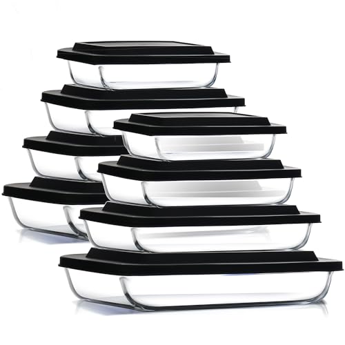 EATEX 16-Piece Deep Glass Casserole Dishes for Oven with Plastic Lids, Glass Baking Dishes for Oven, Rectangular Bakeware for Lasagna, Cooking, Leftovers, Kitchen, Freezer to Oven Dishwasher Safe by EATEX - Used condition - US$49.23