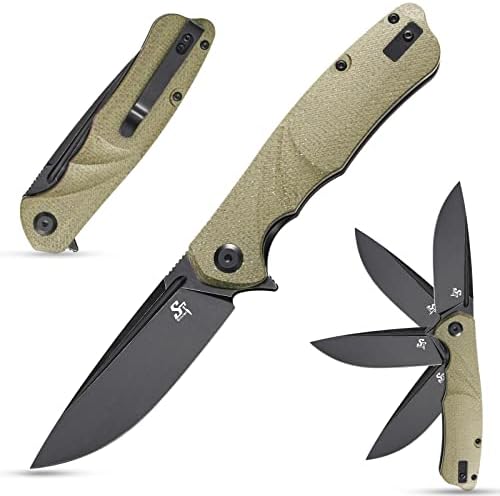 Sitivien ST132 Folding Knife,D2 Steel,Micarta Handle EDC Knife with Liner Lock for Outdoor Hiking Camping(Green)