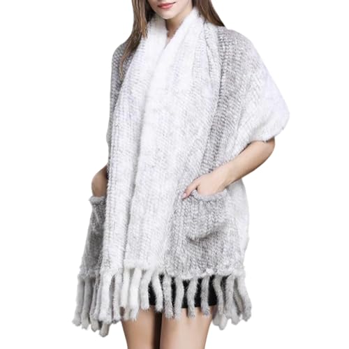 LVCOMEFF Women Knitted Mink Fur Shawl Wrap with Tassels Plus Size with Pocket