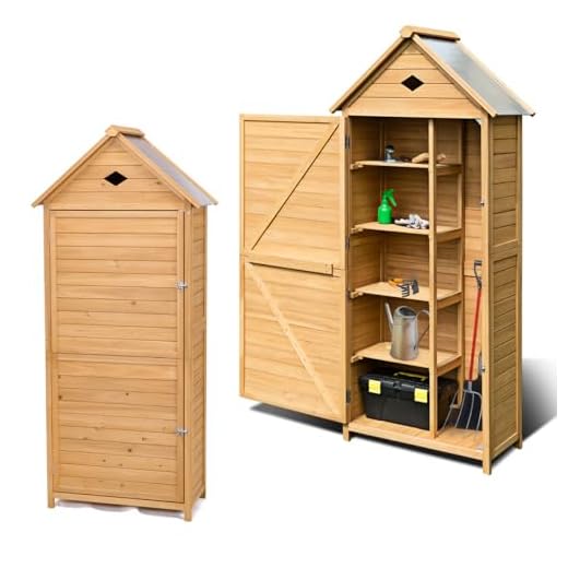 HOMASIS Abri de jardin en bois résistant aux intempéries, abri de jardin avec 5 étagères, abri de jardin avec toit à pignon, abri de jardin pour l'extérieur, abri de jardin, armoire à outils, 80 x 45