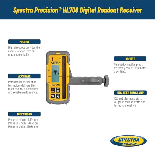 Spectra Precision HL700 Digital Readout Receiver for Basic & Advanced Performance, Huge 5 in (12.7 cm) Reception Height, Front & Rear LCD Displays, Waterproof and Weatherproof