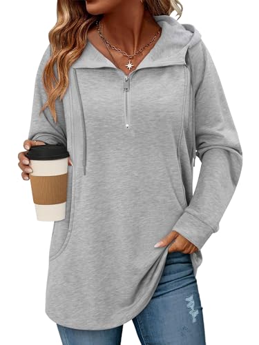 onlypuff Women Hoodie Pullover Trendy Quarter Zipper Lapel Sweatshirts Drawstring Cute Hooded Tunic Tops with Side Pockets