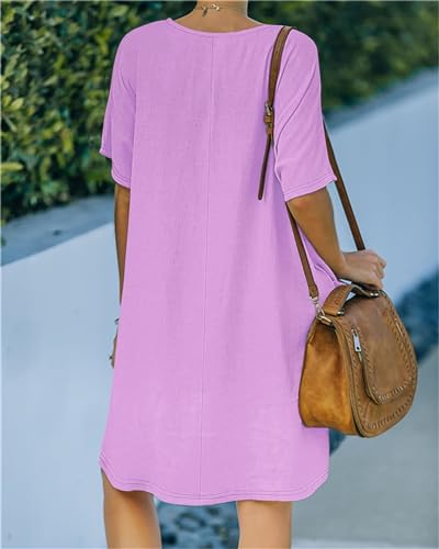 Image of Women's Casual Summer T Shirt Dress Elastic Loose Short Sleeve Dress with Pocket for Women