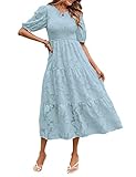 MEROKEETY Women's 2025 Casual Short Sleeve Smocked Dress Round Neck High Waist Ruffle Party Dresses,Blue,XL