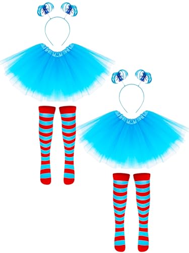 Luces 2 Set Blue Cosplay Outfit, Tutu Costume Set for Girls, Tutu Skirt Ponytail Headband Stripes Socks for Costume Party