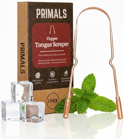 PRIMALS Copper Tongue Scraper - Fresher Breath & Improved Oral Health - Natural Ayurvedic Cleaner for Daily Detox - Rust-Resistant, Eco-Friendly with Travel Cloth Pouch Included (1 Count)