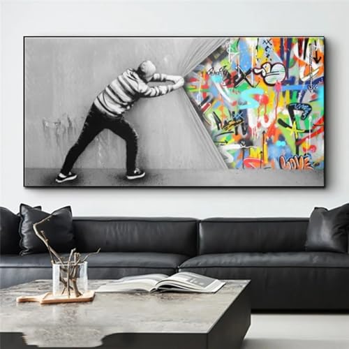 Tableau Banksy derrière le rideau toile graffiti 50x100cm pour decoration salon moderne