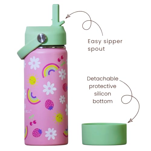 Image of TOM & BELL Insulated Water Bottle for Kids 500ml,Double Wall Water Bottle for School, Sipper Bottle,Hot and Cold,Premium Rust Resistant 304 Stainless Steel, with Silicon Bottom Sleeve(Flower, 500ml)