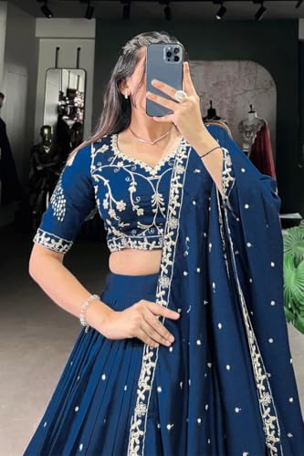 Image of Suppar Sleave Women's Embroidered Vichitra Silk Lehenga Choli Dupatta Set Semi-Stitched Blouse and Fit & Flare Style