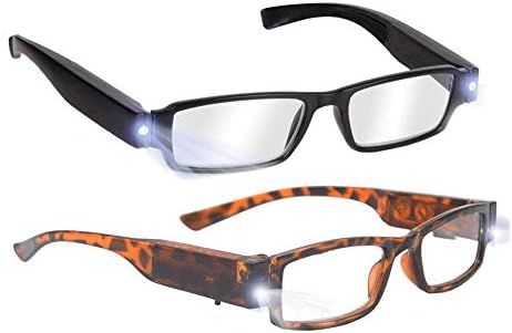 Bright LED Readers with Lights Reading Glasses Lighted Magnifier Nighttime Reader Compact Full Frame Eyewear Clear Vision Unisex Clear Vision Lighted Eye Glasses(2 PCS)