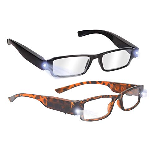 DiiZii Bright LED Readers with Lights Reading Glasses Lighted Magnifier Nighttime Reader Compact Full Frame Eyewear Clear Vision Unisex Clear Vision Lighted Eye Glasses(2 PCS)