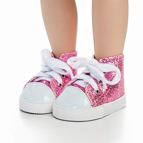 The Queen's Treasures 18 Inch Doll Clothing Shoes, Pink Sparkle High Cut Sneakers Complete With Box, Compatible For Use With American Girl Dolls And Clothes #TOP5