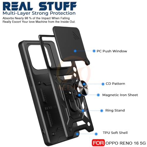 Image of Armor Bumper Back Cover Case for Oppo Reno 16 5G Rotating Camera Cover, Ring Holder & Kickstand | Heavy Duty & 360 Degree Protection Back Cover for Oppo Reno 16 5G (Black)