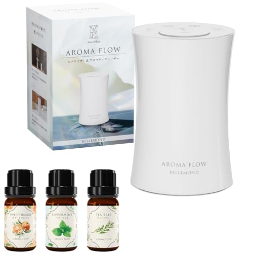 AROMA FLOW (アロマフロー) アロマディフューザー 水なし ネブライザー式【アロマオイル スッキリ3種セット】コードレス USB充電式 タイプC 長時間使用可能 30時間 タイマー付き ミスト量調整可 母の日 女性 ギフト プレゼント | ベルモンド B1749 ホワイト（Amazon）