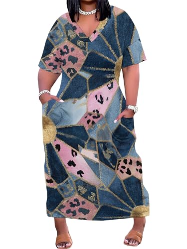 Image of SUZONANA Plus Size Denim Print Maxi Dresses for Women Casual V Neck Short Sleeve with Pockets Soft Jean Look Dress XL-6XL